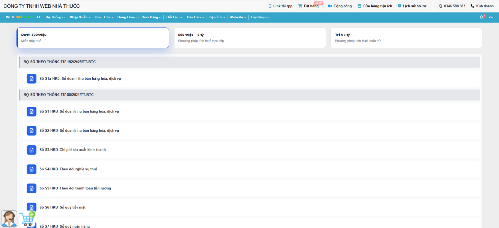 bộ sổ kế toán trên phần mềm webnhathuoc